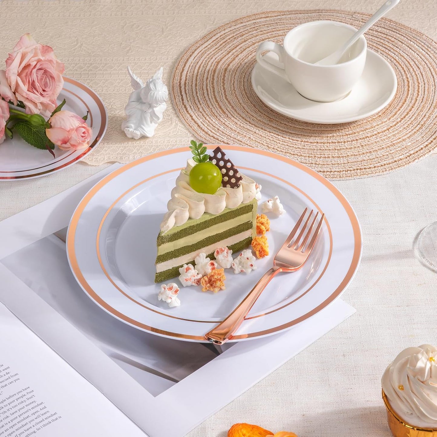 350 PCS White and Rose Gold Plastic Dinnerware Set for 50 Guests, 100 Plates for Party, 50 Pre Rolled Napkins with Gold Silverware, 50 Cups