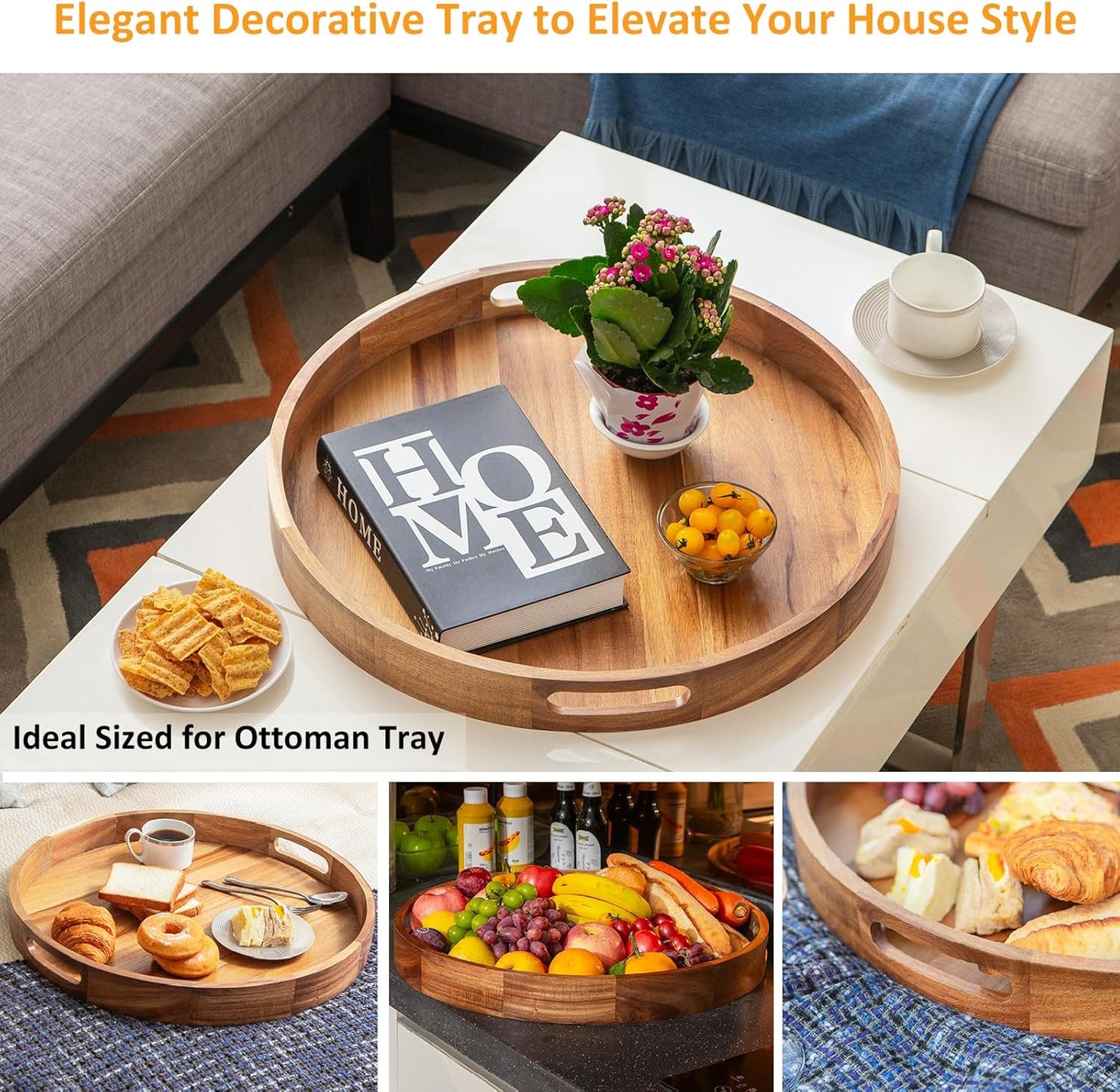 Wooden Serving Tray with Handles 22 Inch Extra Large Round Ottoman Tray Acacia Large Wood Trays Ottoman Living Room Wooden Trays