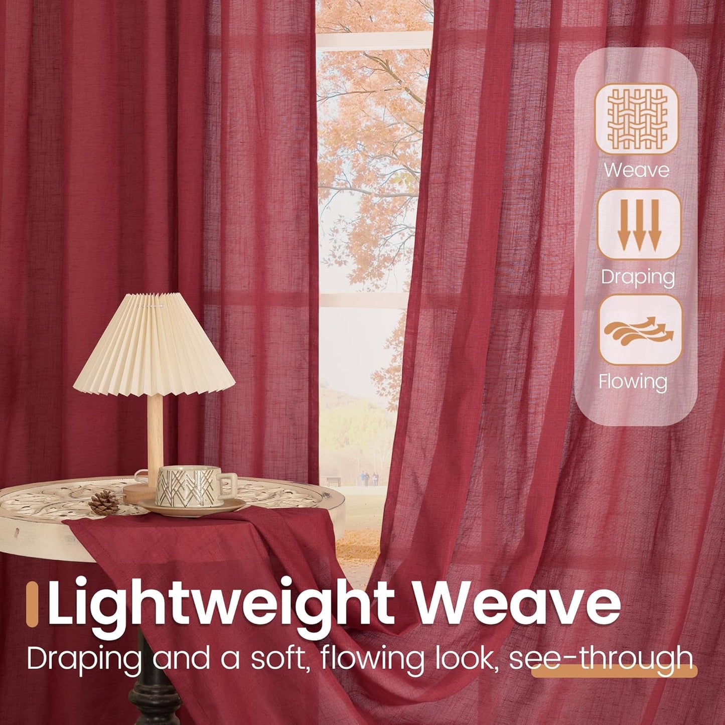 BGment Burgundy Linen Curtains for Living Room, Semi Sheer Window Drapes Lightweight Textured with Rod Pocket for Dining Bedroom Party Christmas Decor, Each 42 Inch Wide