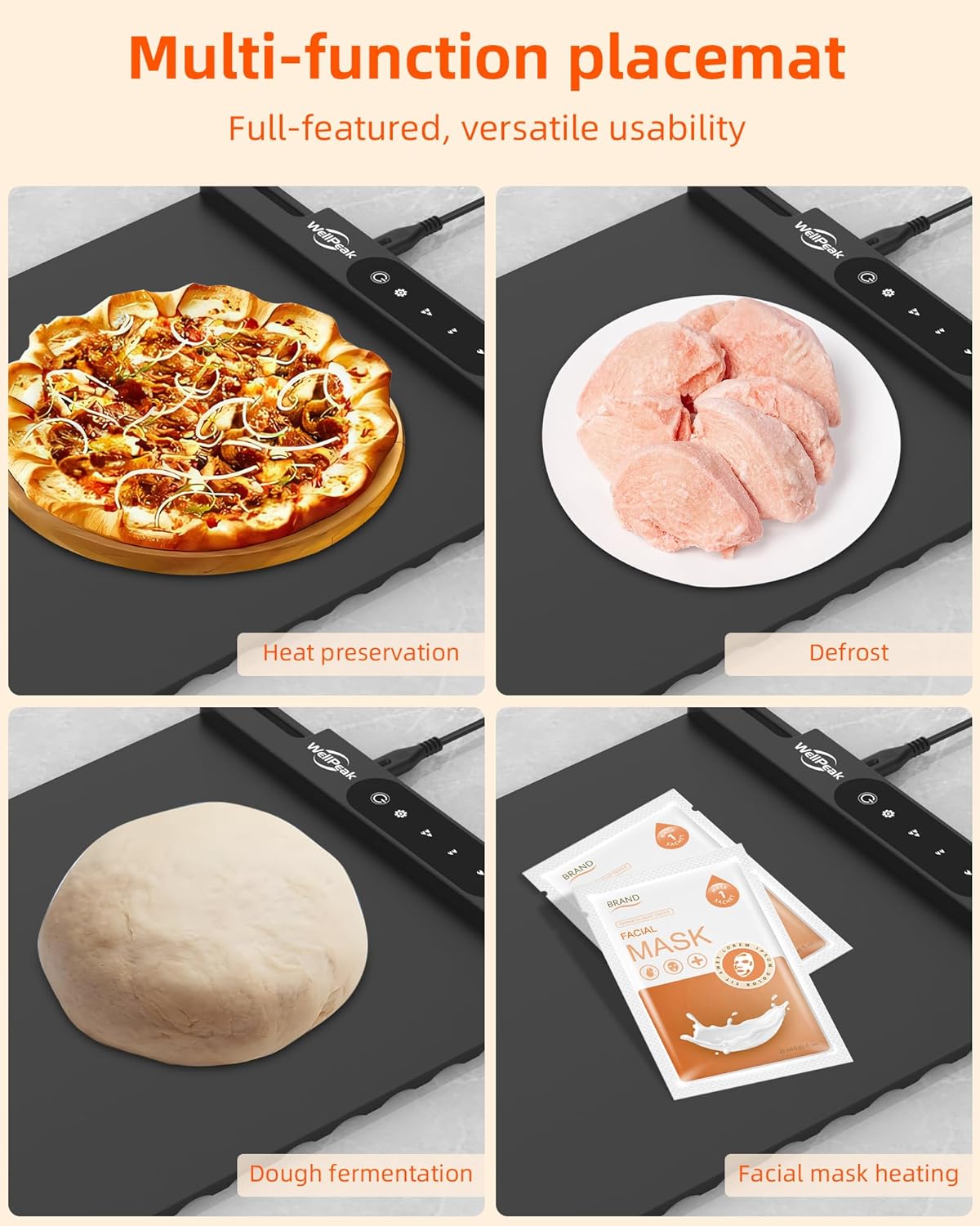 Electric Warming Mat for Food - Full Surface Fast Heating Silicone Tray with 3-Level Temperature, Auto-Off, Raised Feet for Table Protection, Versatile Warmer for Gatherings, Parties, Buffets, Black