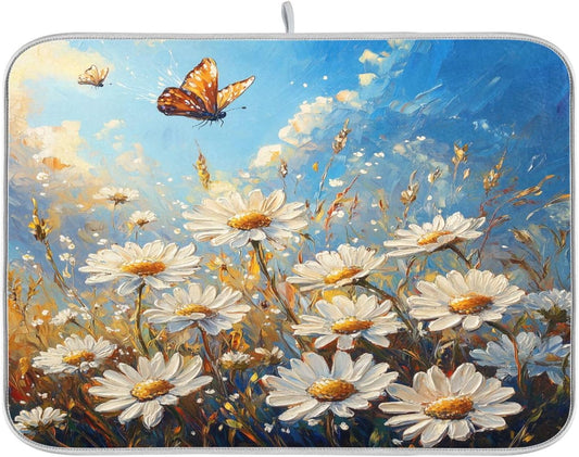 Daisies and Butterfly Painting Dish Drying Mat for Kitchen Counter Super Absorbent Dishes Pad Reversible Microfiber Protector Dish Draining Mats 16x18 inch