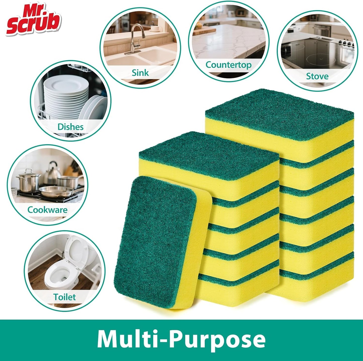Sponges Kitchen Scrub Dish Sponge Scouring Pad, 48 Pack Cleaning Brush Scrubber Supplies for Soap, Dishwashing Dinnerware Sets Pan Pot Towels Cloth Rags Holder Glass Dishwasher Sink Bathroom