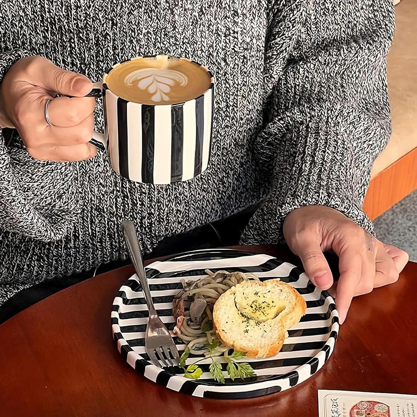 Tea Cup and Saucer, Ceramic 8 oz coffee mug, Dishwasher Safe and Microwave Safe, Black and White