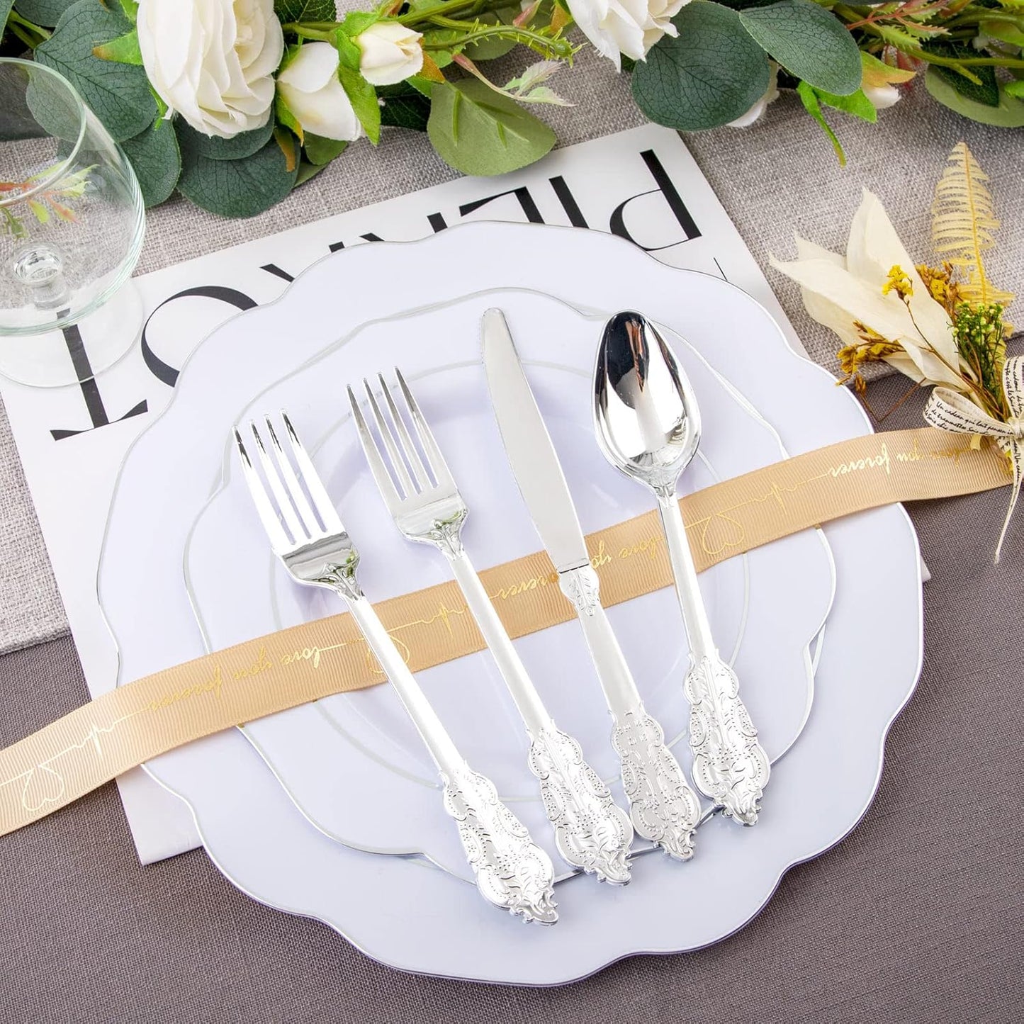 NOCCUR 175pcs Silver Plastic Plates - Silver Rim Plastic Tableware Include 25 Dinner/Dessert Plates, 25 Forks, 25 Knives, 25 Spoons for Wedding/Party/Christmas