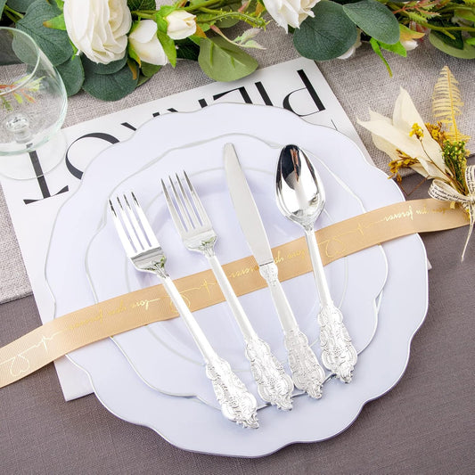 NOCCUR 175pcs Silver Plastic Plates - Silver Rim Plastic Tableware Include 25 Dinner/Dessert Plates, 25 Forks, 25 Knives, 25 Spoons for Wedding/Party/Christmas