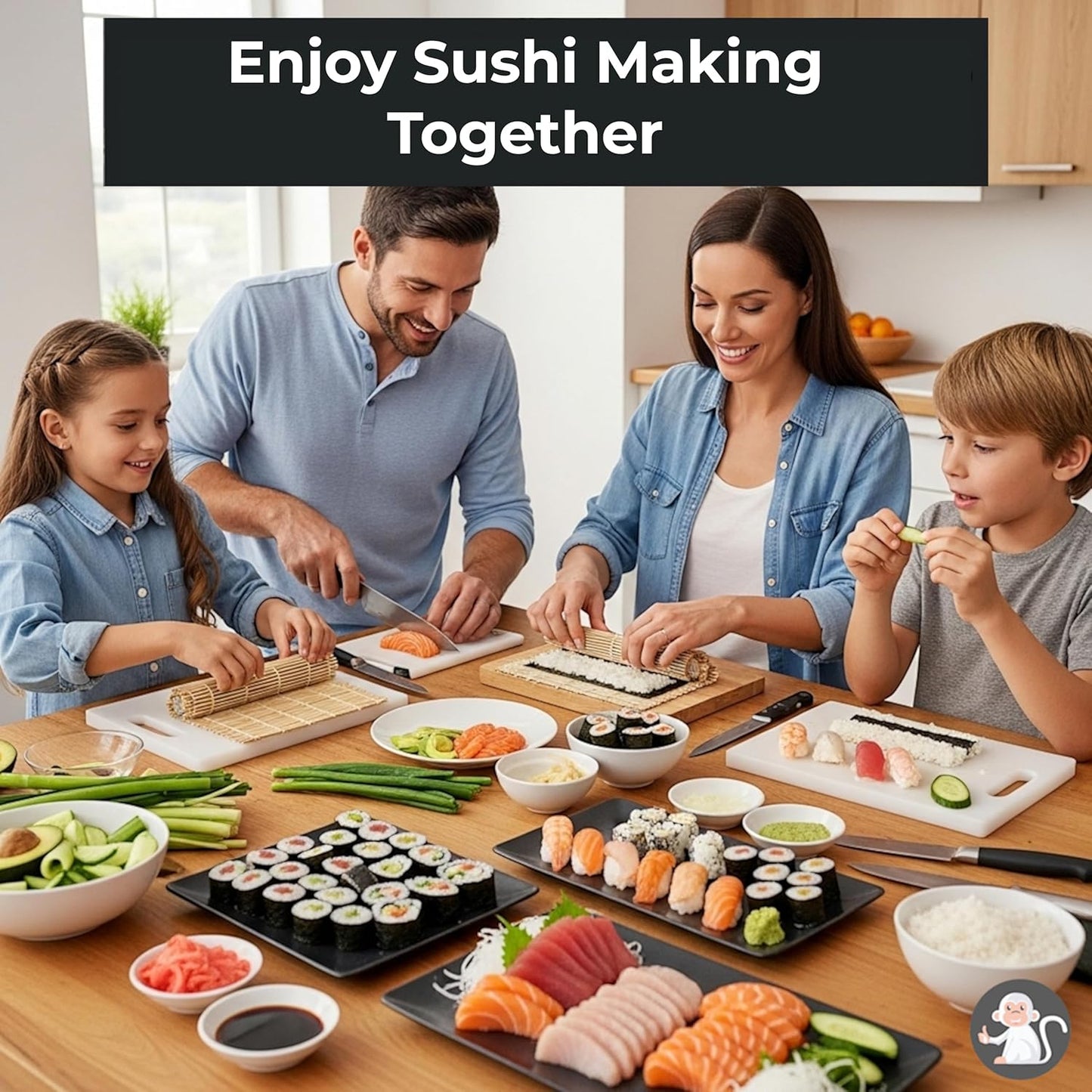 Sushi Making Kit for Beginners with Bazooka, Sashimi Knife, 2 Mats (Bamboo/Dishwasher-Safe PP), Nigiri Mold & Avocado Slicer | Food-Safe, Giftable, Step-by-Step Video Guide