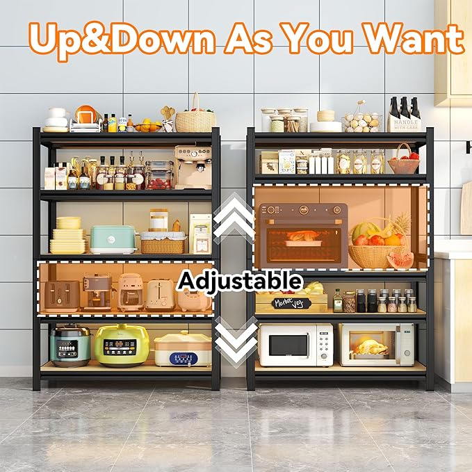 Five tier thickened steel kitchen shelf, load capacity 2000lbs, adjustable height, anti-rust baking paint, easy to organize microwave/oven/pots and pans, stable and non-slip, kitchen organizer!