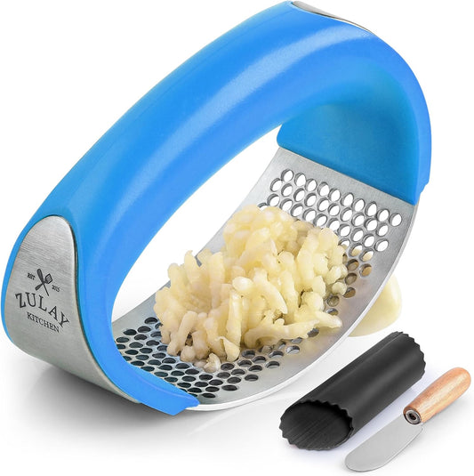 Zulay Kitchen Stainless Steel Garlic Press Rocker Set - Premium Garlic Mincer Garlic Crusher - New Innovative Garlic Crusher with Peeler and Scraper - Comfortable Grip (Blue)