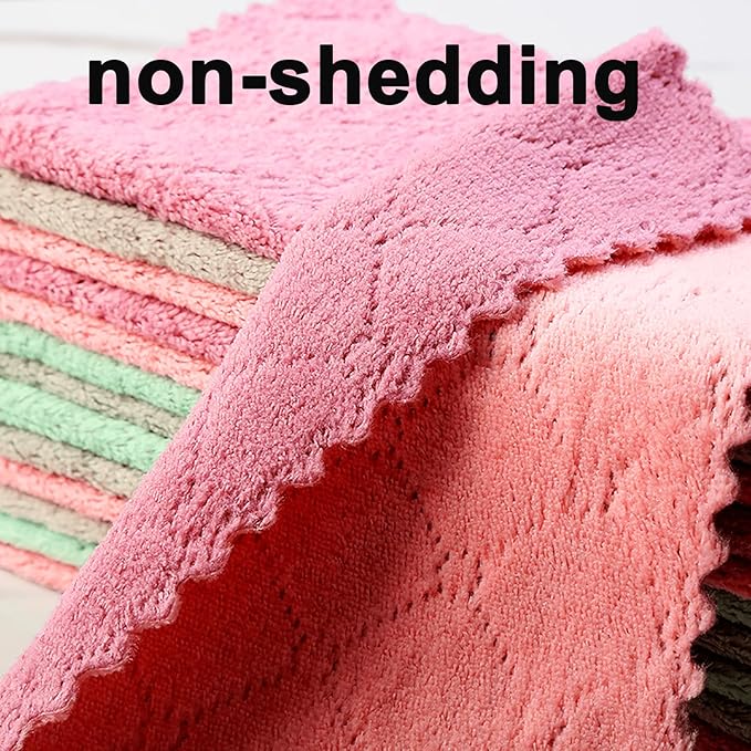 12-Pack Premium Coral Fleece Microfiber Cleaning Cloths, 10"x10" - Streak-Free & Lint-Free, Multipurpose Rags - Assorted Gray, Purple & Pink Towels for Home, Kitchen, Glass & More