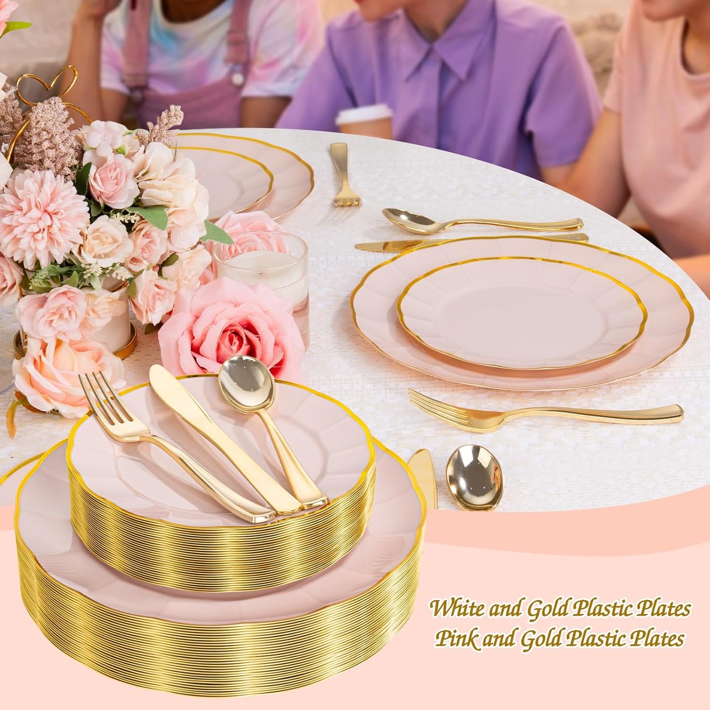 EI 150pcs Pink Plastic Plates with Gold Plastic Silverware,Pink Party Plates,Heavy Duty Plate Disposable,Gold Dinnerware Set for Birthday, Afternoon Tea,Wedding