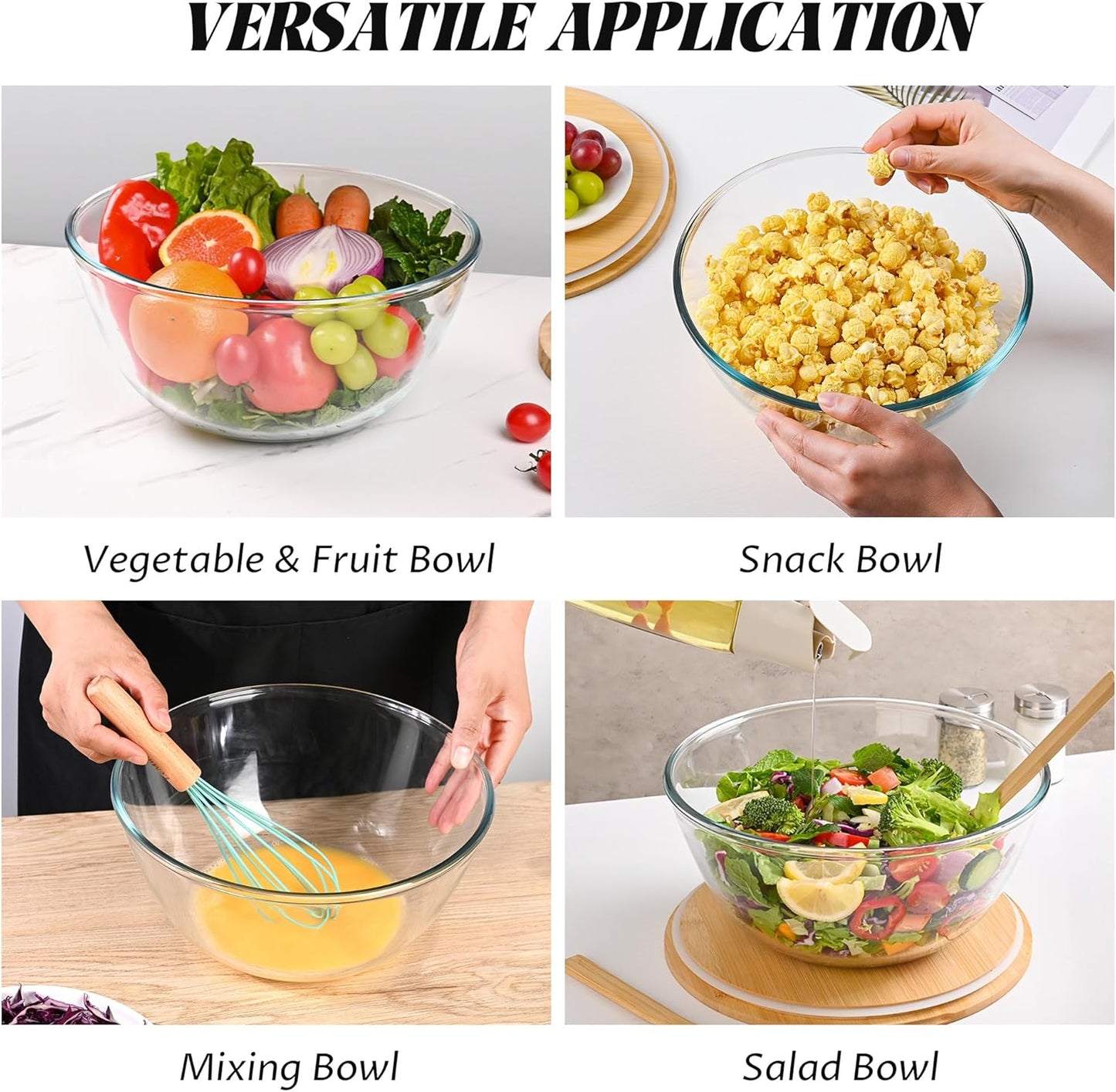 10.6" Glass Salad Bowl with Sealed Lid, 4.7 Quart Large Capacity Serving and Mixing Bowls with Utensils, Versatile Serving Dish for Salads, Trifle, Fruits, Pasta, Microwave Safe