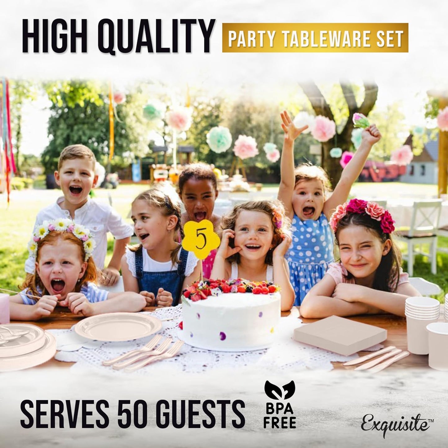 Exquisite 350 Pcs Ivory Paper Plates For Party, Ivory Disposable Plates Set, 50 Of Each 9" Dinner Plate Set, 7" Dessert Plate, Cups, Napkins & Cutlery Paper Dinnerware