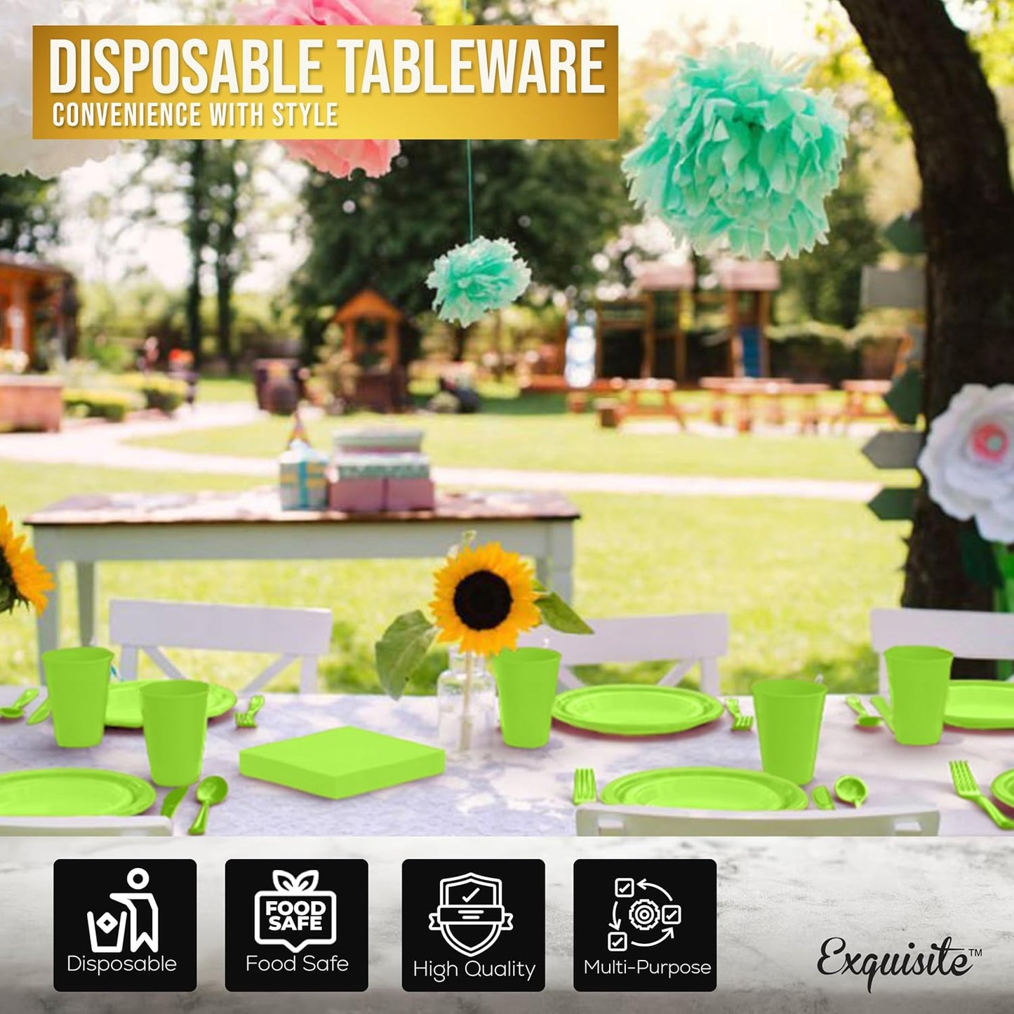 Party Solids 350 Pieces Lime Green Plastic Plates For Party, Lime Green Disposable Plates Set, 50 Of Each 9" Dinner Plate Set, 7" Dessert Plate, Cups, Napkins & Cutlery Plastic Dinnerware