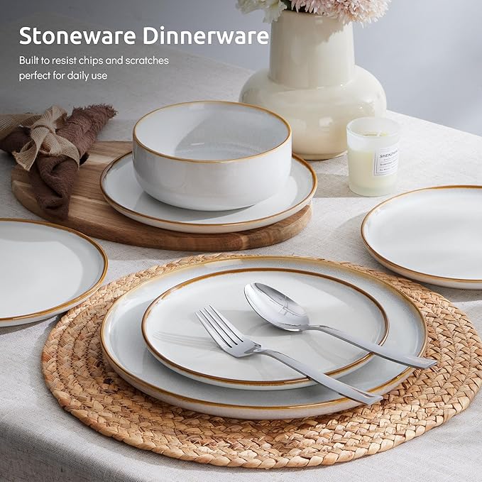 E-far Dinnerware Sets for 6, 18-Piece Stoneware Plates and Bowls Set, Reactive Glaze Dinning Ware Dishes Set, Microwave & Dishwasher Safe - Seashell White