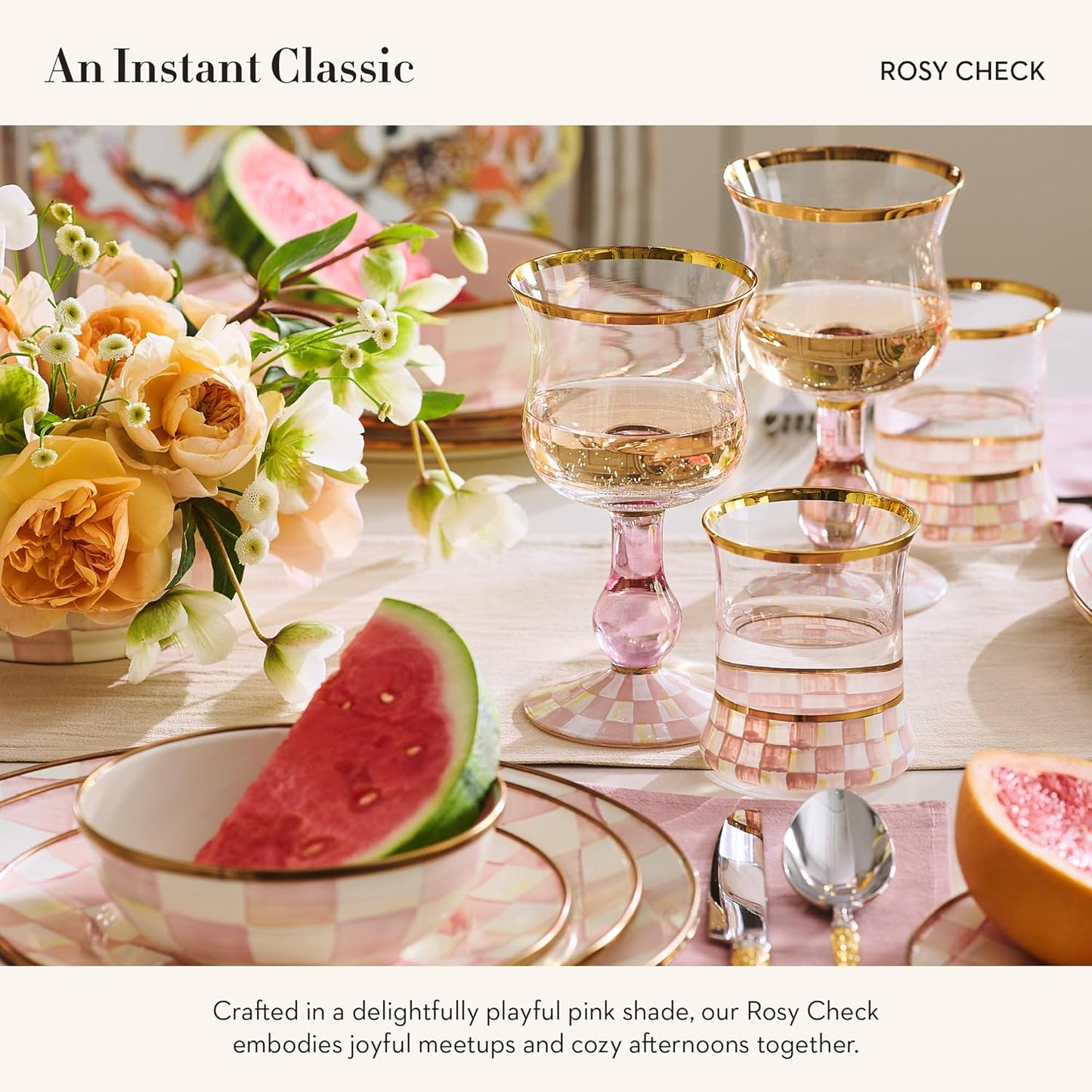 MACKENZIE-CHILDS Enamel Relish Dish, Small Serving Bowl for Entertaining, Pink-and-White Rosy Check