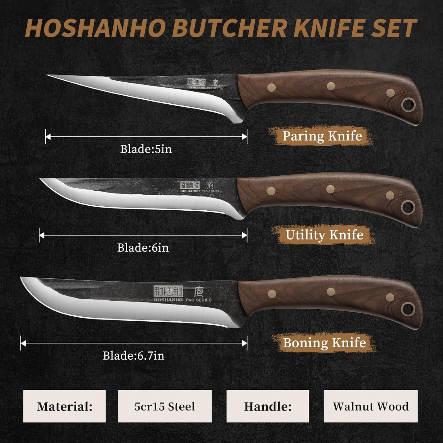 HOSHANHO Butcher Knife Set 3-Piece, Super Sharp Hand Forged Fillet Knife & Dividing Knives & Paring Knives Set, Upgraded High Carbon Stainless Steel Meat Cutting for Home, Outdoor