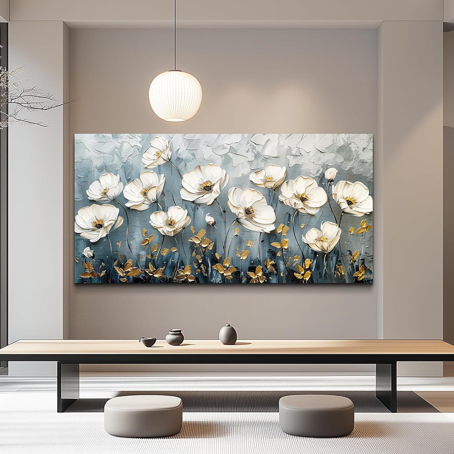 QIYILEXWART Canvas Wall Art For Living Room Large Wall Decor For Office Bedroom Decorations Textured White Flower Landscape Pictures Farmhouse Painting Artwork Room Wall Mural Aesthetic Home Decor 30x60 In
