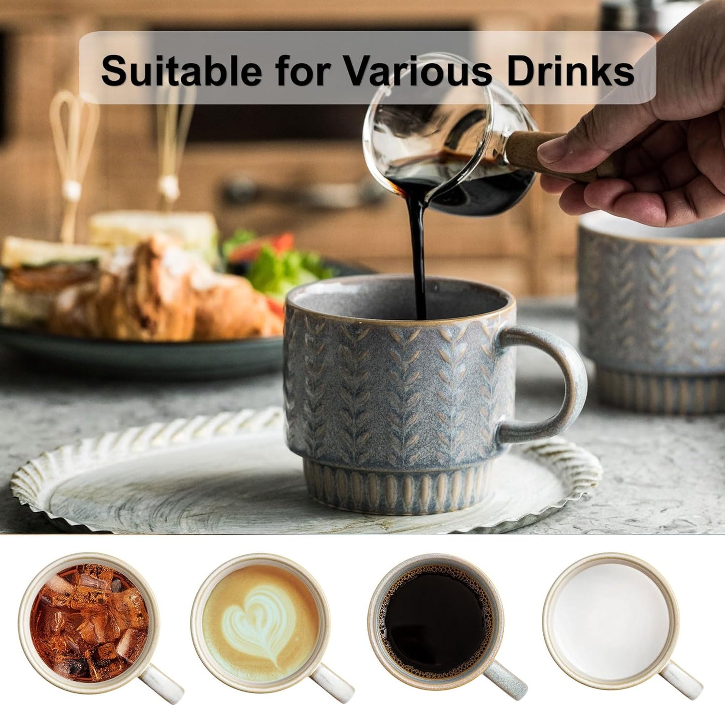 Coffee Mugs Set of 4 with Spoons & Stand, Stackable Espresso Cups 13oz Coffee Mug for Drinks Latte Cappuccino Tea, Coffee Cup for Women Men Couples Housewarming Birthday Gift, Dishwasher Safe