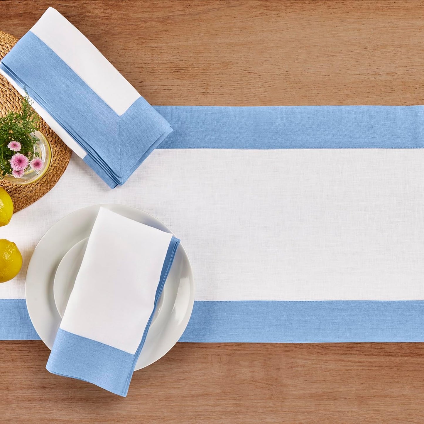 Solino Home Linen Table Runner 36 Inches - 100% Pure Linen Cornflower Blue and White Short Table Runner 14 x 36 Inch Ideal for Dresser and Coffee Tables - Contempo