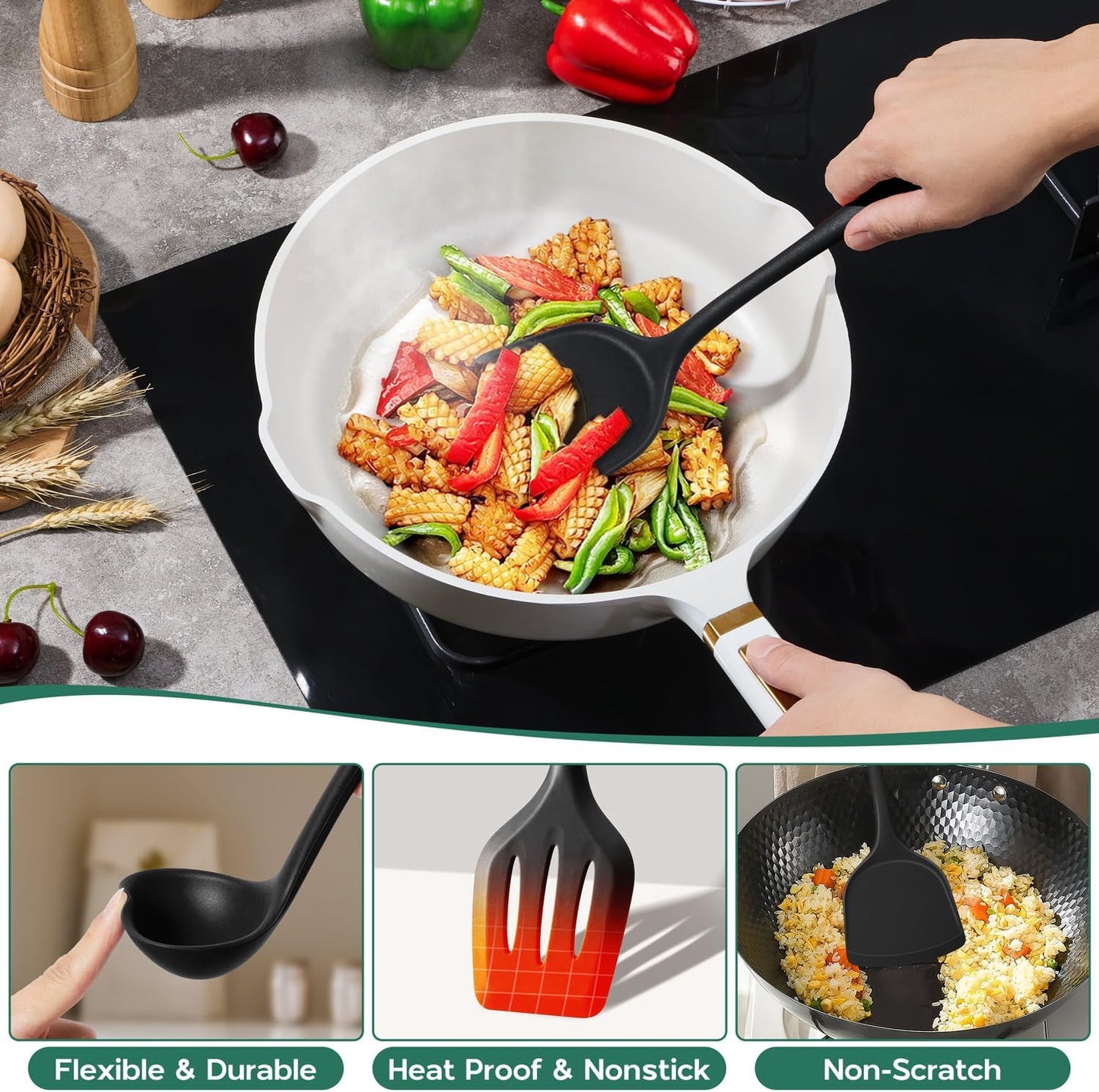 Onader Silicone Cooking Utensils Set, 10 Pieces Black Kitchen Utensils for Nonstick Cookware, Non Toxic & Dishwasher Safe