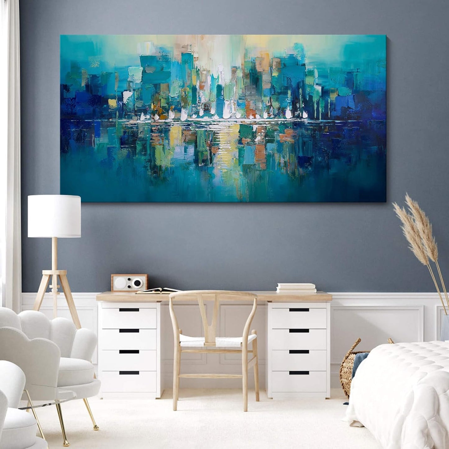 YDYSUNE Large Canvas Wall Art for Living Room - Abstract Wall Decor City View Framed Picture Artwork for Decorative Paintings Teal and White Modern Office Bedroom Art Size 29x58inch