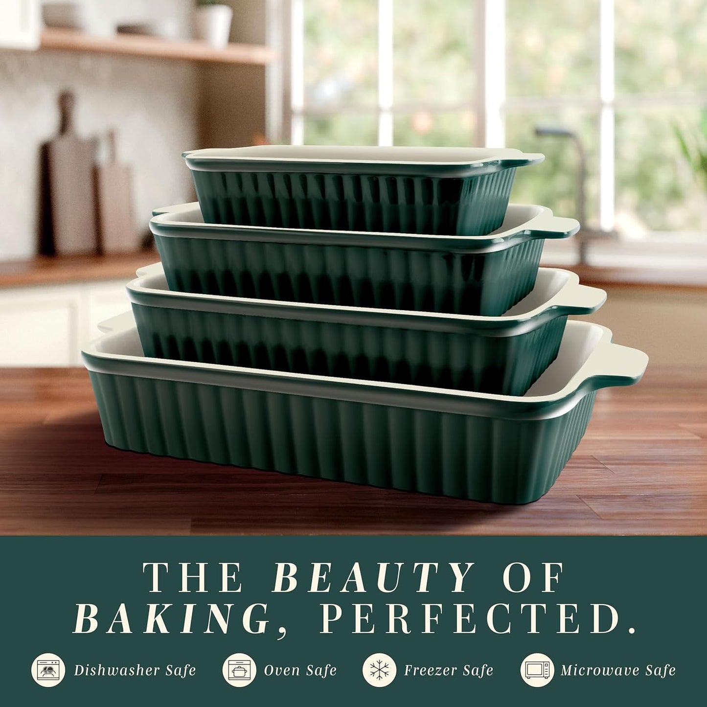 COOK WITH COLOR Casserole Dishes for Oven, Porcelain Baking Dishes, Ceramic Bakeware Sets of 4, Rectangular Pans Handles for Baking Cake Kitchen