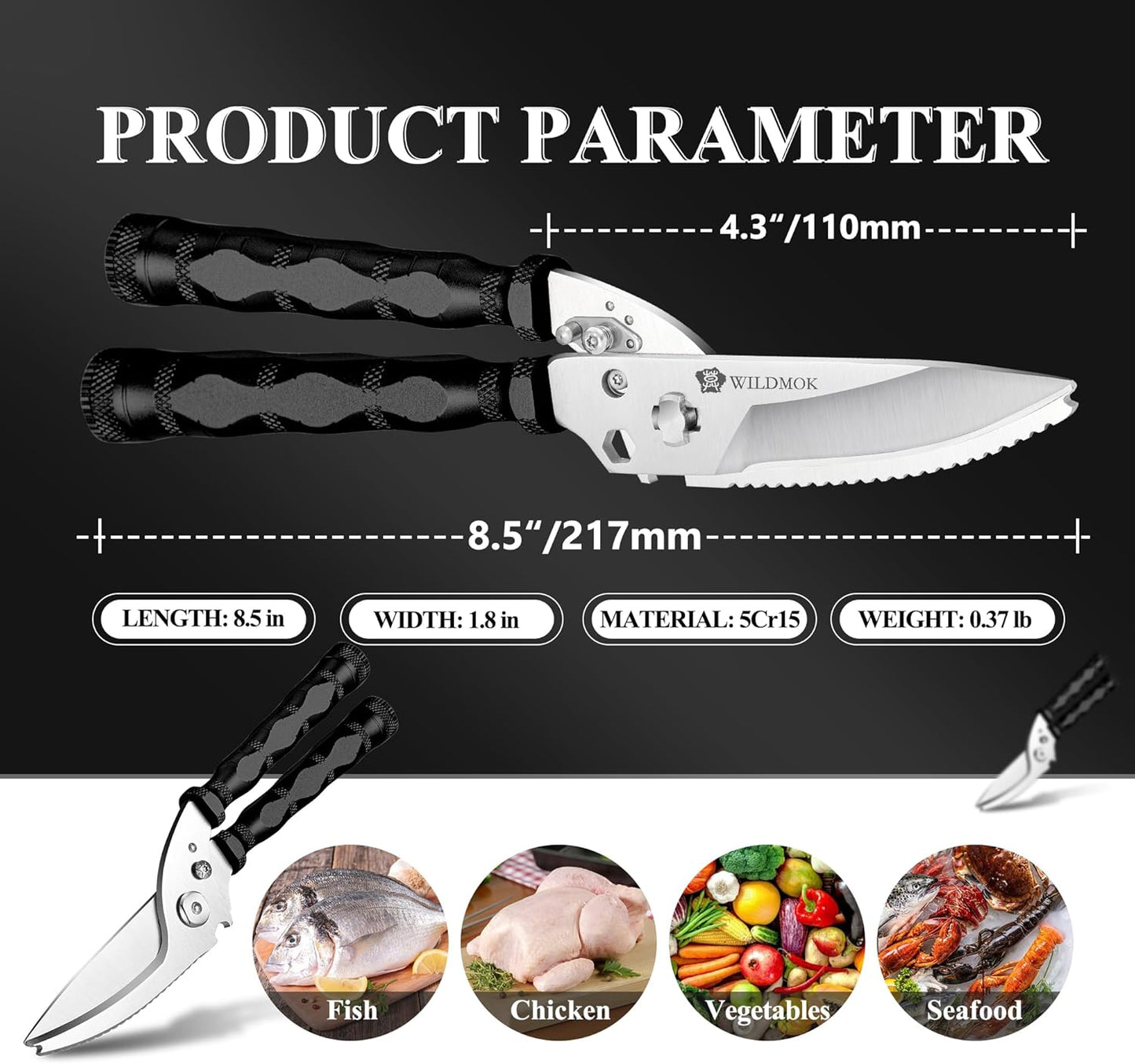 WILDMOK Heavy Duty Poultry Shears - 8.5 Inch Multi-function Stainless Steel Poultry Outdoor Shears, Ultra Sharp Kitchen Scissors for Outdoor Camp, Black