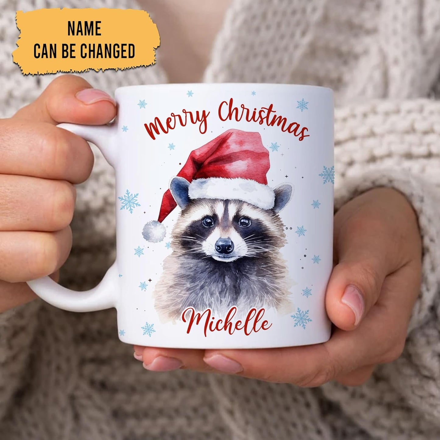 Hyturtle Personalized Gifts Raccoon Lover - Raccoon Wearing Santa Hat Custom Name Ceramic Coffee Mug Cup 11oz - Cute Animal Lovers Gifts For Women, Girl kids Family On Birthday, Christmas