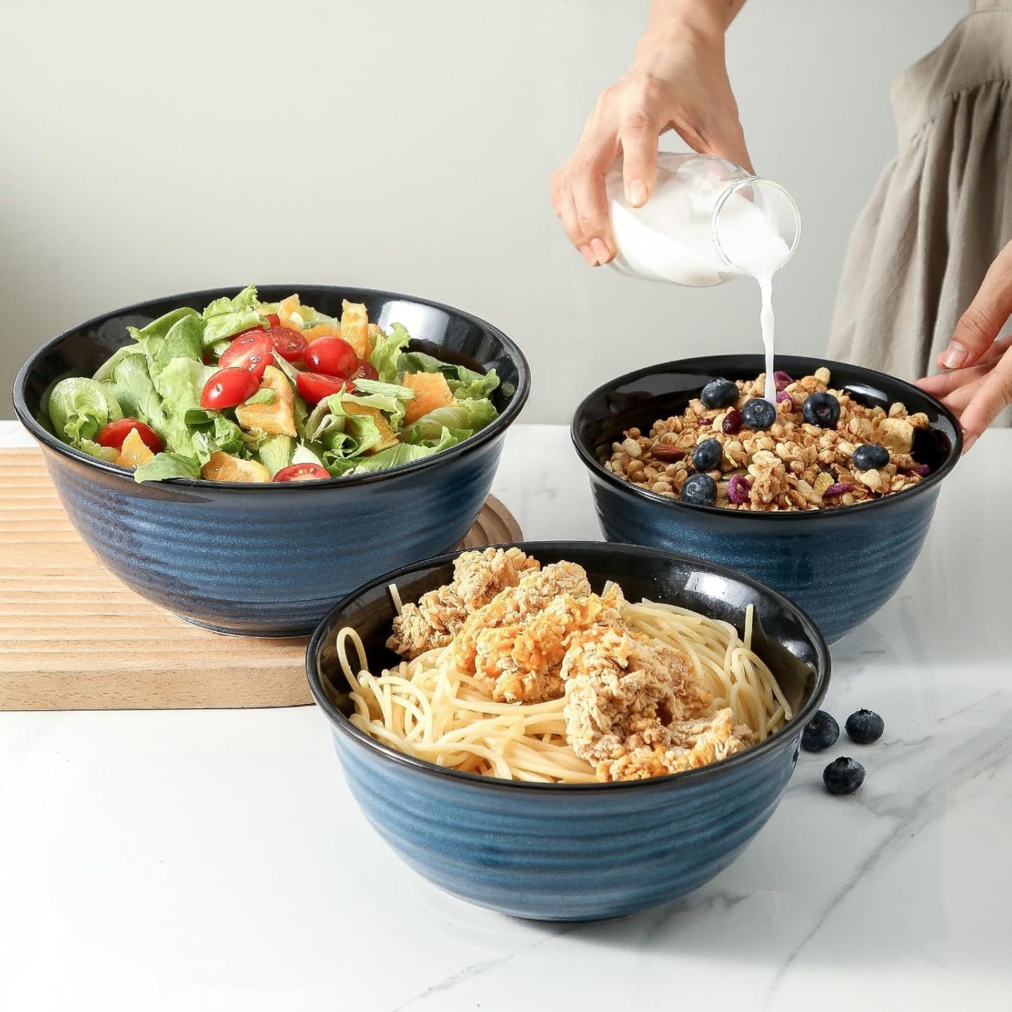 Hasense Mixing Bowls, Ceramic Serving Bowls Set for Cooking, Baking, Prepping, Large Nesting Bowls for Salads, Fruit, Popcorn, Christmas Gift, 2.1/1.5/1.0 Qt, Dishwasher & Microwave Safe, Blue