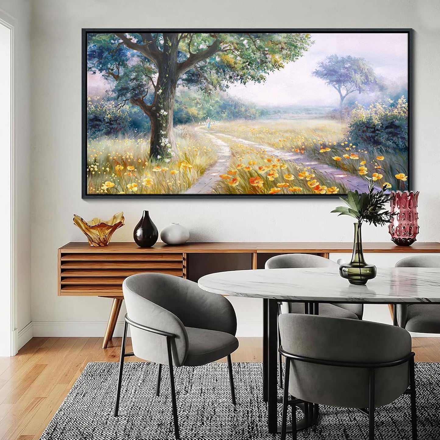 CHATYOUNG Large Framed Wall Art, Retro Countryside Path With Flowers Landscape Wall Pictures, Farmhouse Wall Paintings Art Prints For Living Room Bedroom Bathroom Kitchen Home Decor 29"X58"