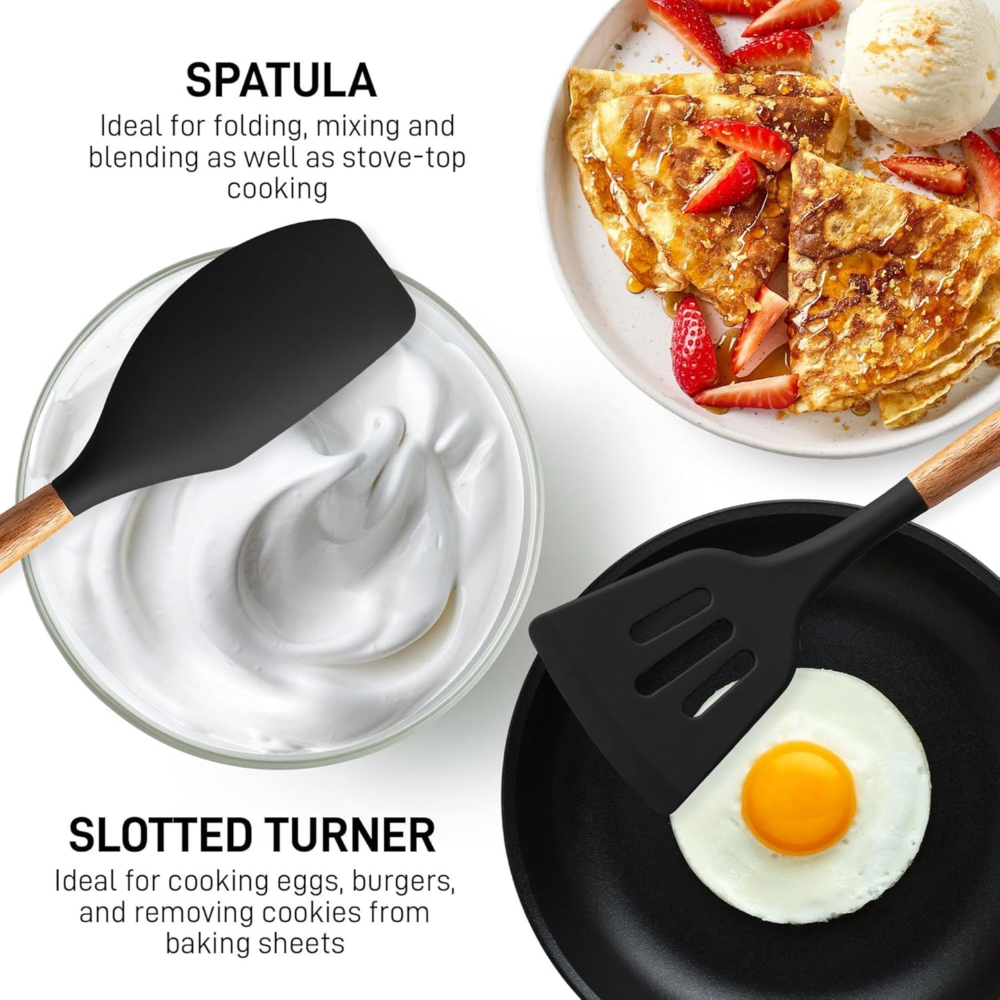 Zulay Kitchen Non-Stick Cooking Utensils Set with Authentic Acacia Wood Handles – 5-Piece Durable & Stylish Silicone Kitchen Utensils Set – Heat Resistant to 464°F – Black