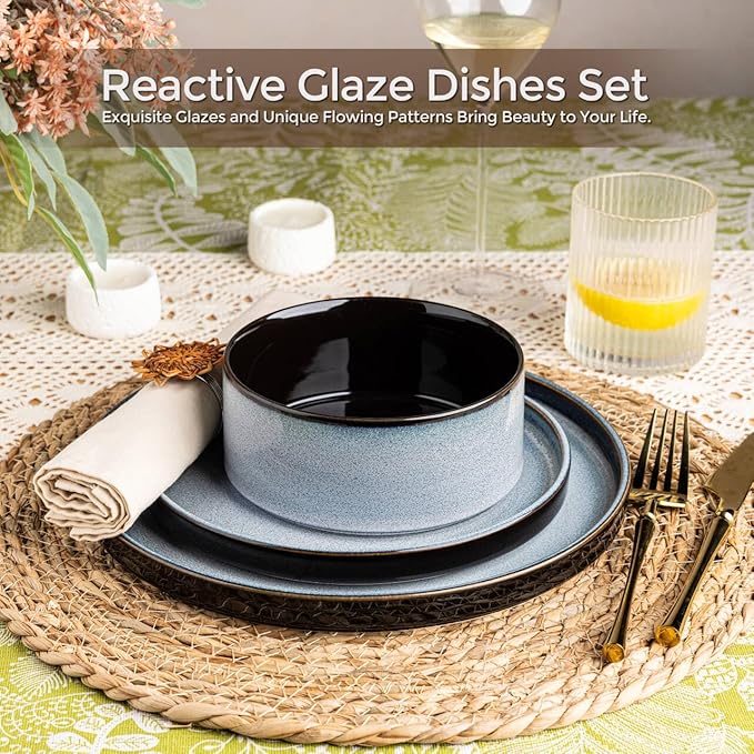 LERATIO Ceramic Dinnerware Sets for 4,Round Reactive Glaze Ceramic Plates and Bowls Set | Dishwasher & Microwave Safe Dishes Set,Service for 4 (12pc)-Gray White