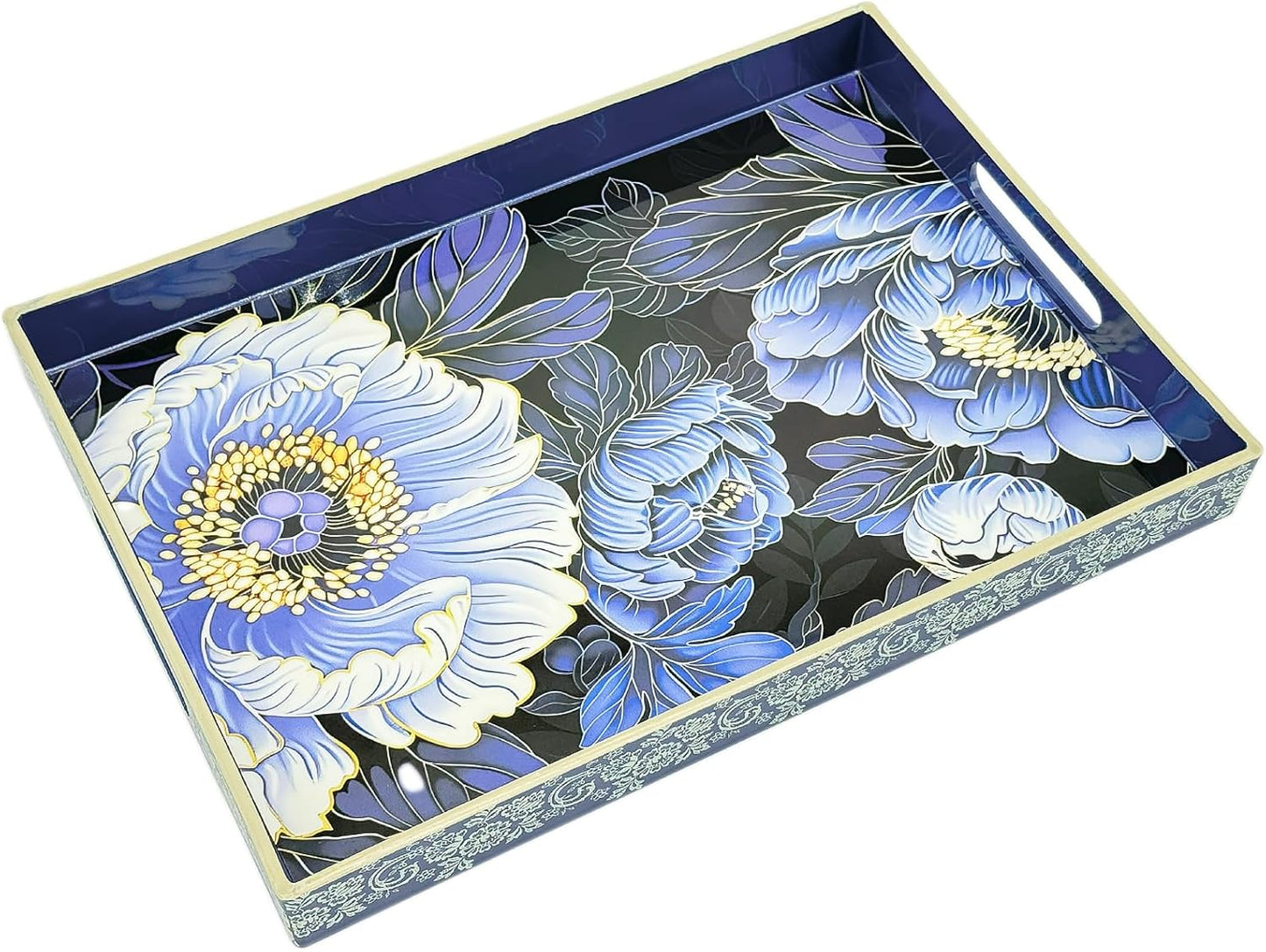 Serving Tray with Handles, 15.7 * 11.8 inches, Plastic Ottoman Tray with Exquisite Paintings, Trays for Coffee Table