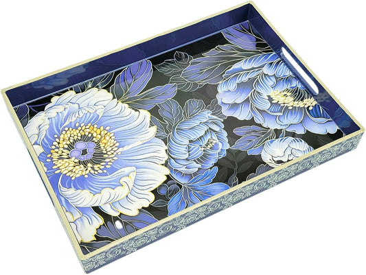Serving Tray with Handles, 15.7 * 11.8 inches, Plastic Ottoman Tray with Exquisite Paintings, Trays for Coffee Table