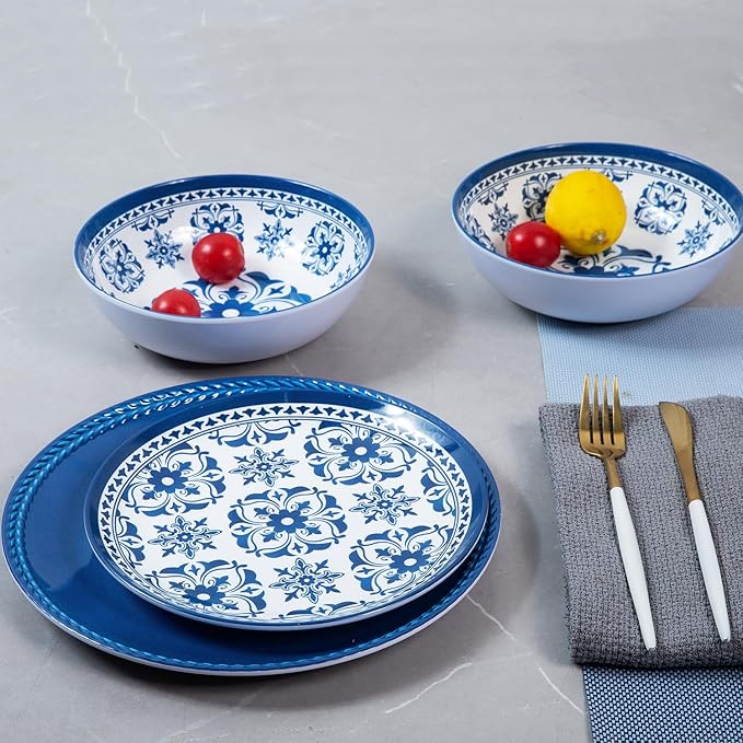Melamine Dinnerware Set -12pcs Outdoor and Indoor Plates and Bowls Set ,Service for 4, Dishwasher Safe, Blue Flower