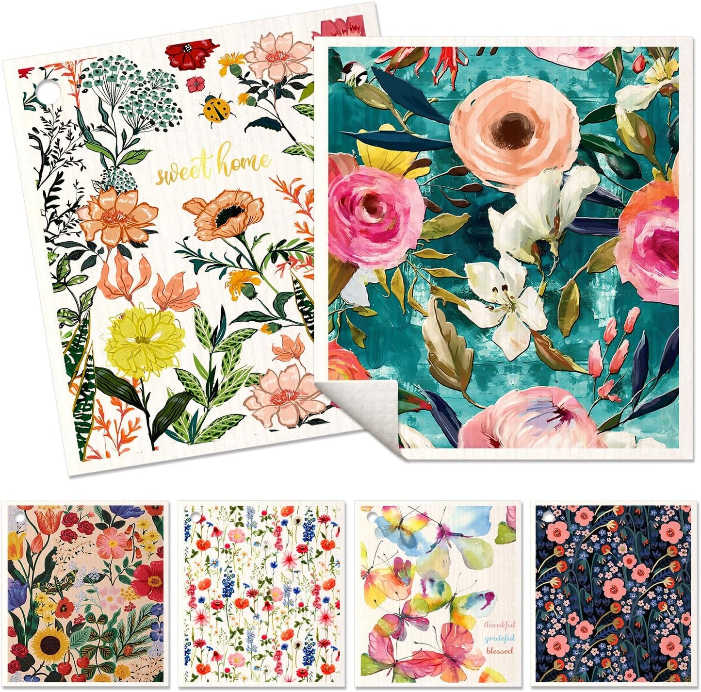 6 Pack Swedish Dishcloths for Kitchen - Reusable Dish Cloths for Washing Dishes Absorbent Cute Funny Kitchen Towels Cleaning Sponge, Floral Bird