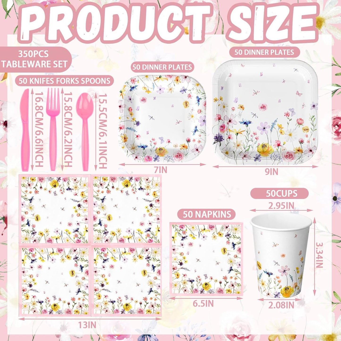 350 Pcs Paper Plates and Napkins Set Disposable Dinnerware Party Supplies Tableware Serve 50 Guest Cups Knife Forks Spoon(Pink,Wildflower)