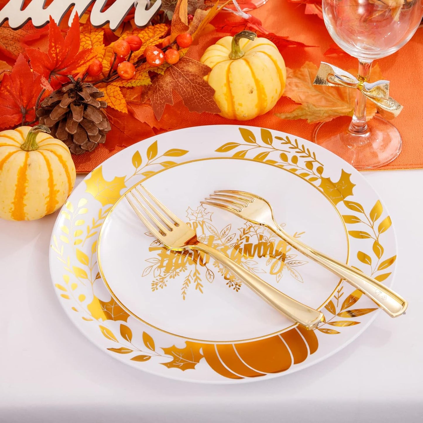 Ciaell 125PCS Thanksgiving Plastic Plate - White and Gold Plastic Plate & Gold Disposed Silverware include 25 Pumpkin Plates, 25 Fall Plates, 25Knives, 25Forks, 25Spoons for Thanksgiving & Party