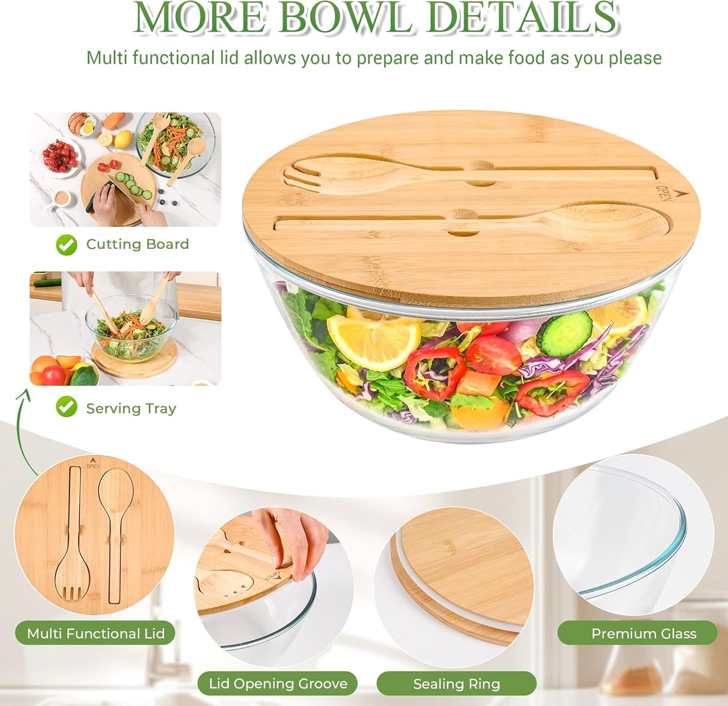 GEHE Glass Salad Bowl with Sealing Lid, 10.6Inch Large Trifle Bowl Glass Fruit Bowl, 4.7 Quart Large Capacity Serving Bowls for Salad, Pasta, Fruit, Dessert Display Cake, Microwave Safe