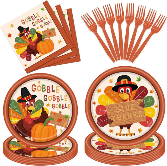 100 Pcs Thanksgiving Turkey Tableware Party Supplies – Disposable Fall Dinnerware Set with Paper Plates, Napkins, and Forks for Autumn Celebrations, Friendsgiving, and Thanksgiving Dinner – Serves 25