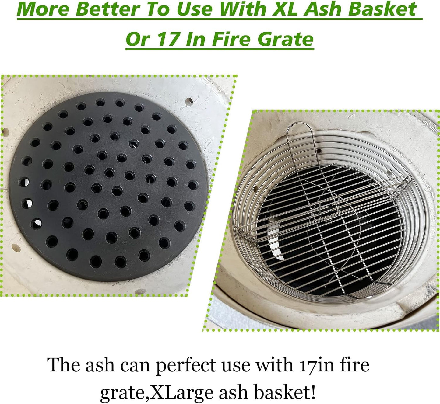 KAMaster Ash Can with Handle for XLarge Big Green Egg,Charcoal Ash Collector Must Haves Big Green Eggs Accessories Carbon Steel Ash Pot with Enamel Coating Steel Folding Handle Kamado Ash Basket