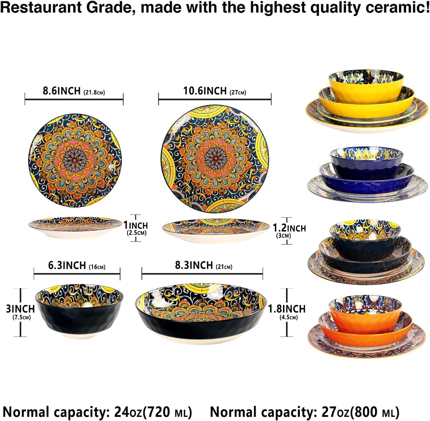 Mandala Dinnerware Sets, Plates and Bowls Set, Porcelain Dishes (16 Pieces) Service for 4, Zanzibar, Bohemian Style Dining Ware, for Kitchen and Dining Multicolor Dinnerware Set