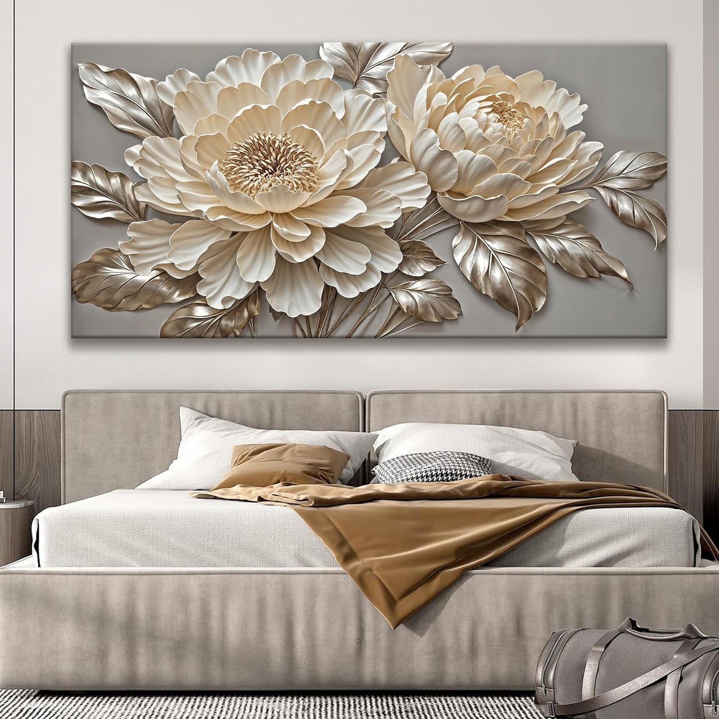Tsomzxng Large White Wall Art For Living Room Prints Artwork Canvas Art Wall Decor White Flower Wall Art Modern Painting Elegance Wall Decor For Hotel Office Home Decoration 29 X 58 Inch