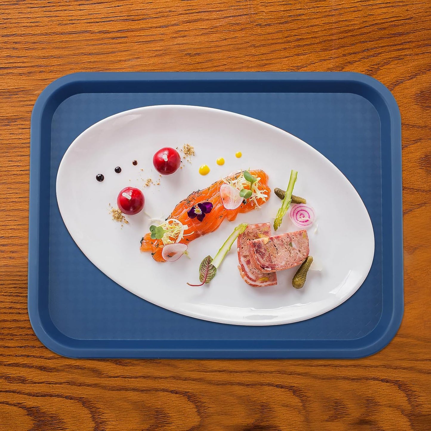 5 Pack 13.8 x 10.6 Inch Blue Fast Food Tray, Large Rectangular Restaurant Serving Trays, Plastic Cafeteria Trays School Lunch Trays