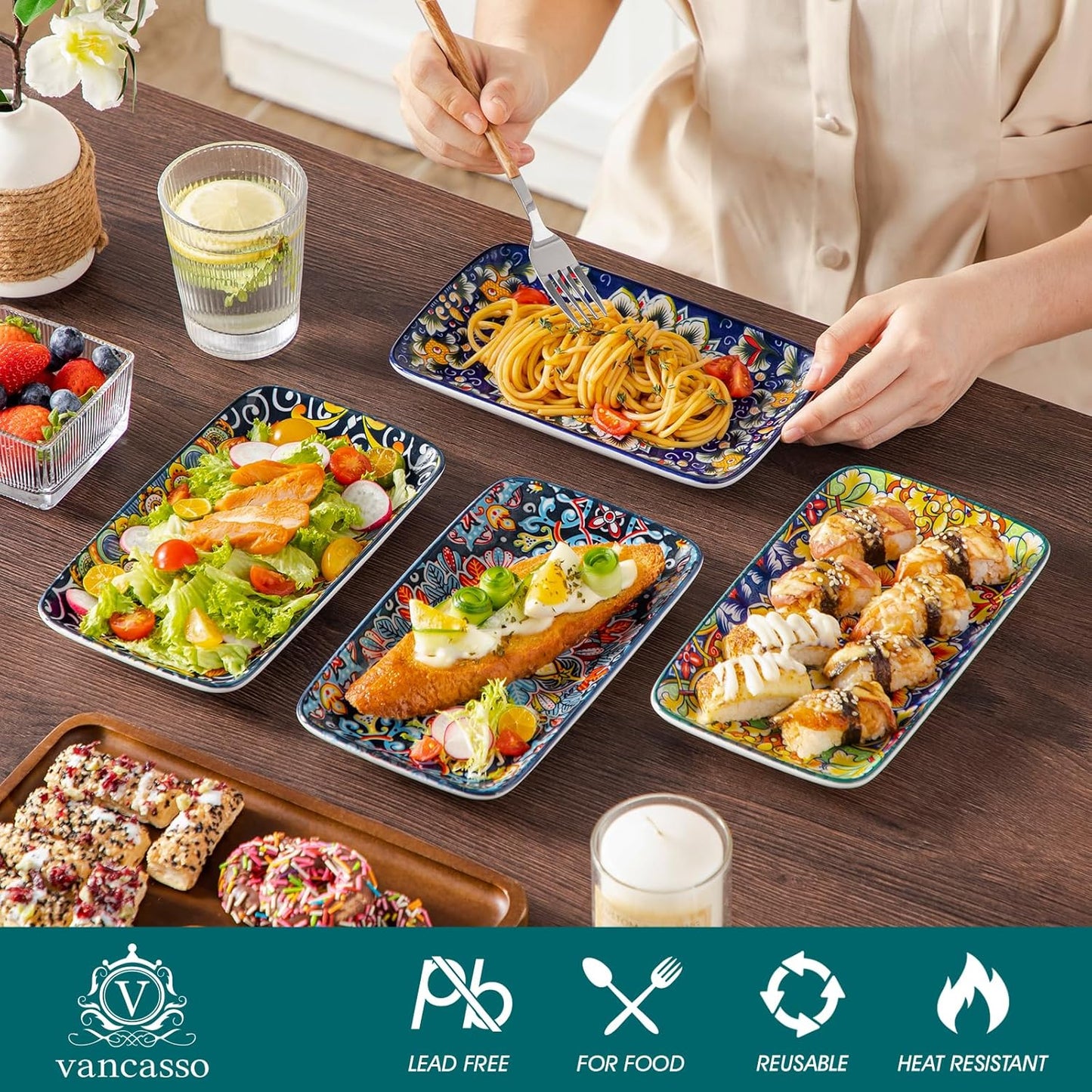 vancasso Simi 6-Piece Ceramic Salad Plates Set - 8.5 Inch, Rectangular Dessert Plates for Sushi, Appetizer, Cake - Microwave & Oven Safe, Porcelain Plates for Kitchen Decor