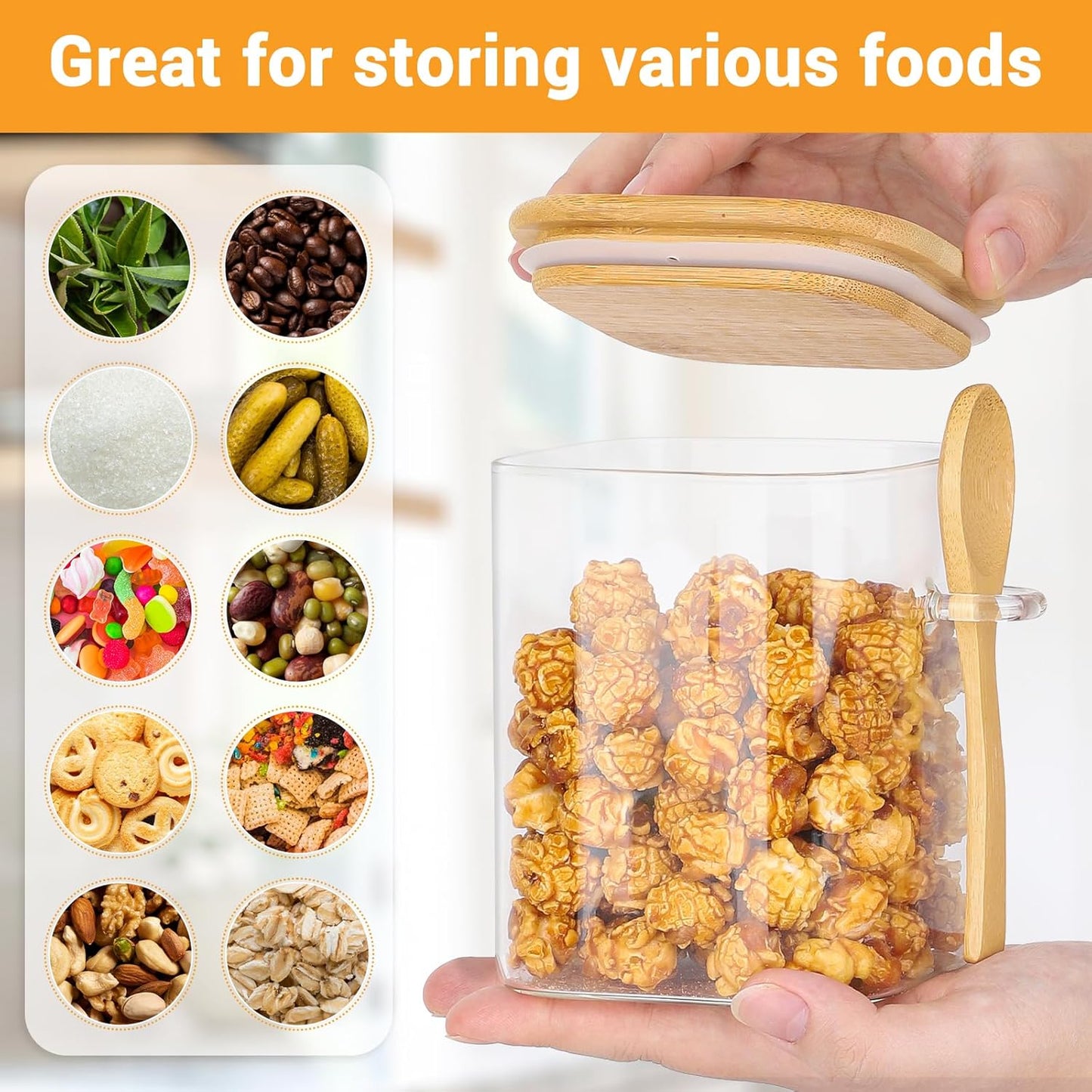 Glass Jars with Airtight Lid - 4 Pack 28 Fl.oz Square Glass Jar with Bamboo Lids and Spoon, Includes Labels and Marker, Flour Sugar Storage Containers for Cereal, Tea, Snacks, Pantry Canister