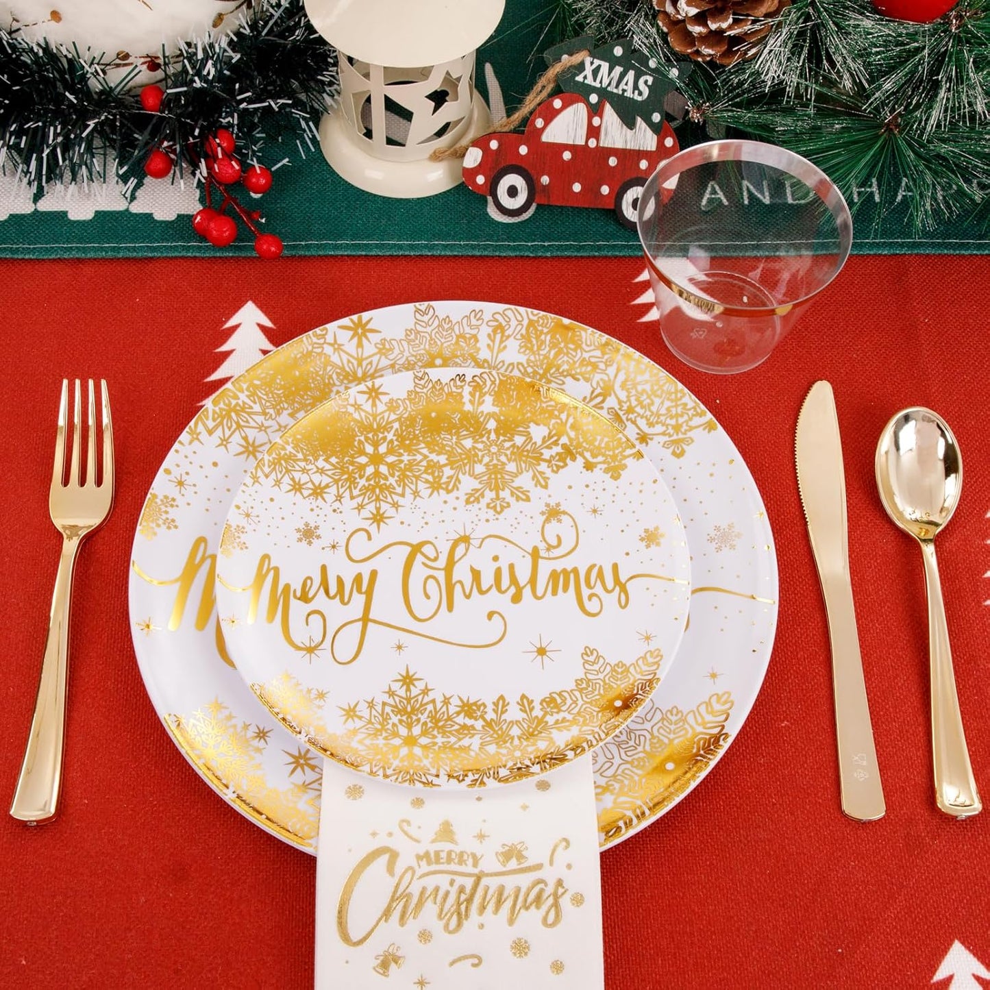 DaYammi 175Pcs Christmas Gold Plastic Dinnerware Set, 50Pcs Heavyduty Disposable Party Plates,Fancy Snowflake Design, 75Pcs Gold Plastic Cutlery,25Pcs 9oz gold Cups,25Pcs Napkins Perfect for Christmas