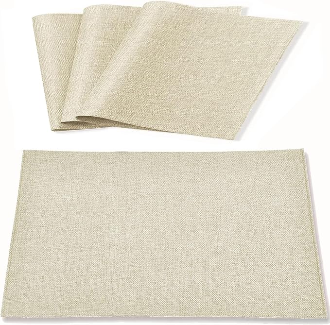 Linen Fabric Placemats Set of 4, Machine Washable, Heat Resistant, Wrinkle Free, Thick Polyester Kitchen Place Mats for Dining Table (Beige)
