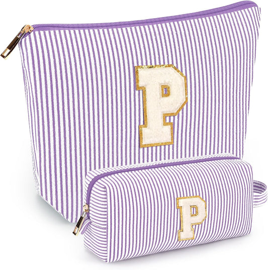 2 PCS Initial Makeup Bags for Women: Cosmetic Bag for Travel Toiletry - Birthday Gifts for 11 12 13 14 15 16 17 18 Years Old Girl Graduation Teacher Gift- Teen Girl Gifts Trendy Stuff - Purple P