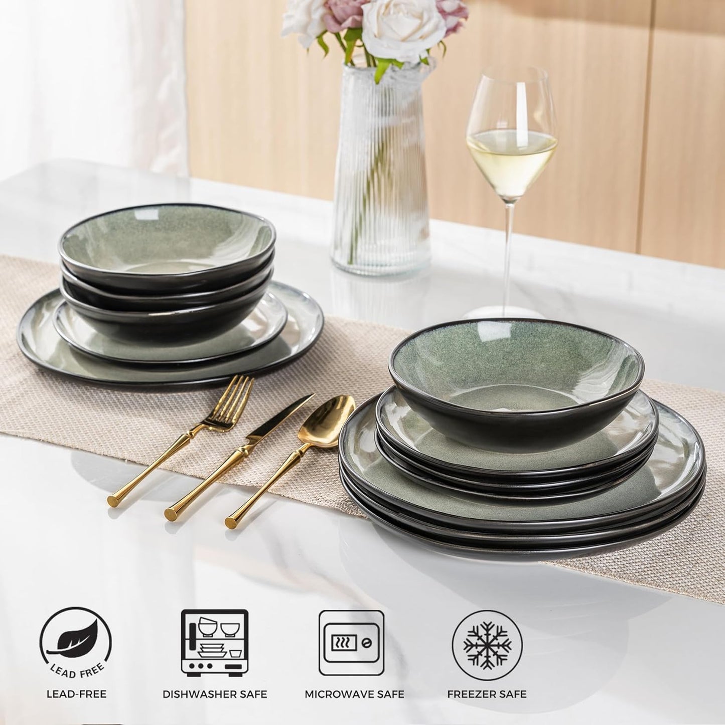 AmorArc Ceramic Dinnerware Sets,Handmade Reactive Glaze Stoneware Plates and Bowls Set,Highly Chip and Crack Resistant | Dishwasher & Microwave Safe Dishes Set,Service for 4 (12pc)